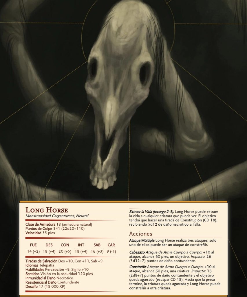 Homebrew en Español para Dungeons & Dragons, D&D, DnD, 5e. Long Horse creado por Trevor Henderson. Este ser es descrito como un gran caballo espectral, del cual sólo podemos ver su cabeza y su cuello, el cual es extremadamente largo, inclusive ilimitado.